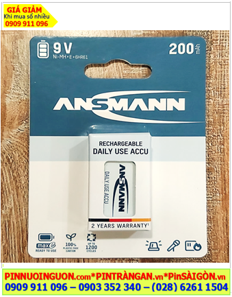 Ansman 9v 200mAh 6HR61; Pin sạc 9v 6HR61 Ansman MaxE 9v 200mAh (NiMh 9v 200mAh) _Vỉ 1viên